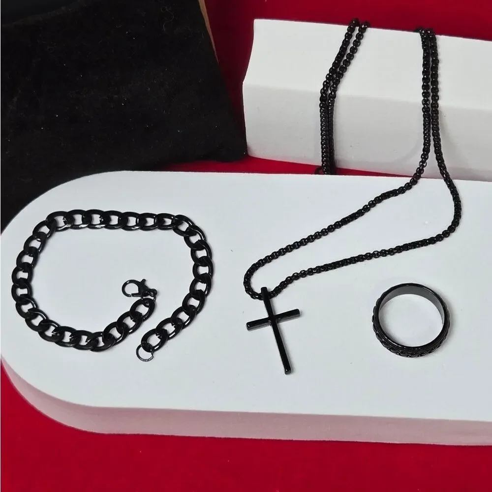 Men’s Black Cross Necklace Bracelet Ring 3pc Set Minimalist Faith Grad Gift NWT